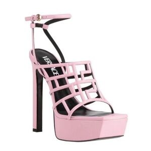 New! VERSACE Logo Greca Maze Caged Platform Heeled Sandals Heels in Pink